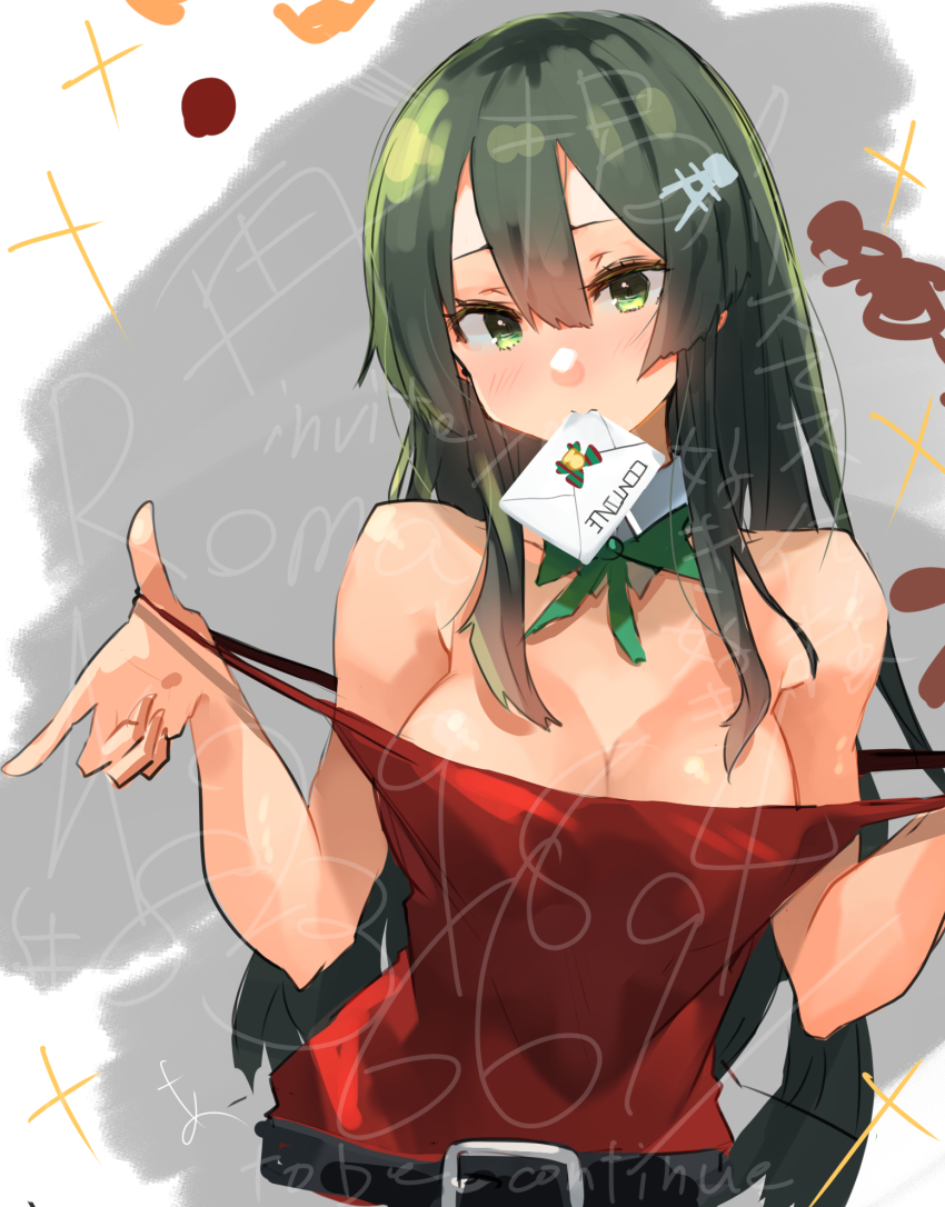 1girl black_hair bow bowtie breasts cleavage dress envelope green_bow green_bowtie green_eyes grey_hair hair_between_eyes hair_ornament hairclip highres kantai_collection long_hair looking_at_viewer medium_breasts mouth_hold off_shoulder official_alternate_costume oyashio_(kancolle) red_dress simple_background solo sunday_aki too_many_watermarks upper_body very_long_hair watermark