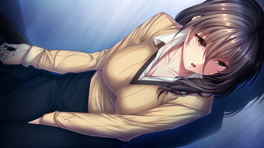 1girl blue_skirt blush breasts brown_hair cleavage female_focus from_above game_cg hair_between_eyes hair_over_shoulder indoors large_breasts legs long_hair long_skirt long_sleeves looking_at_viewer makiura_sayaka original parted_lips saburoo saburou_(hgmg) sitting skirt solo thighs uncensored yellow_eyes zombie_no_afureta_sekai_de_ore_dake_ga_osowarenai_vol._2