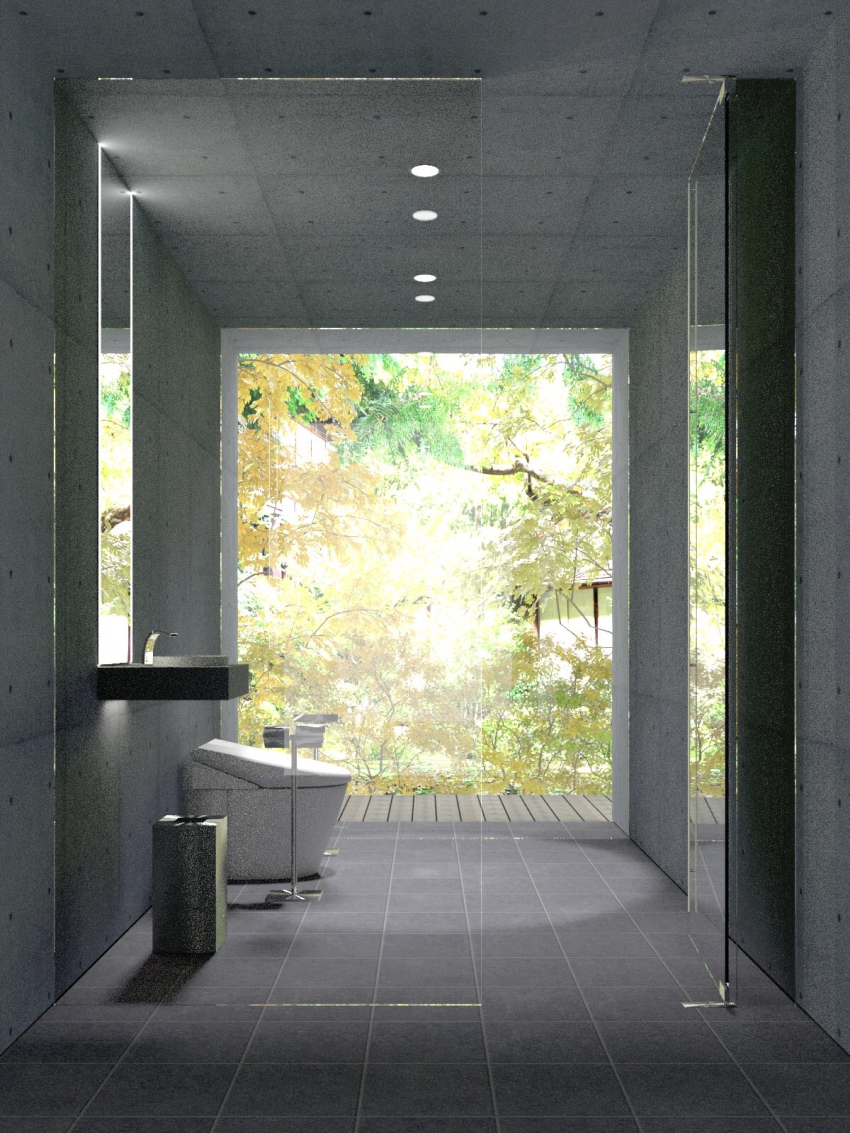 3d bathroom blender_(medium) ceiling_light concrete faucet grey_theme highres mirror no_humans original ripu roomscape scenery sink tile_floor tiles toilet trash_can tree water_tap