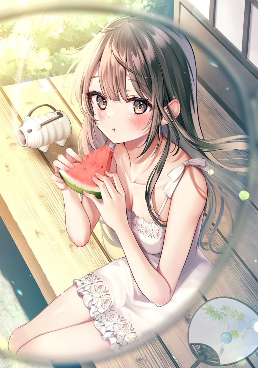 1girl :t black_hair breasts cleavage collarbone commentary_request dress eating food frilled_dress frills fruit glasses grey_eyes hand_fan highres holding holding_food holding_fruit kayari_buta long_hair looking_at_viewer medium_breasts original paper_fan short_dress sidelocks sitting solo spaghetti_strap sundress uchiwa watermelon watermelon_slice yugaa