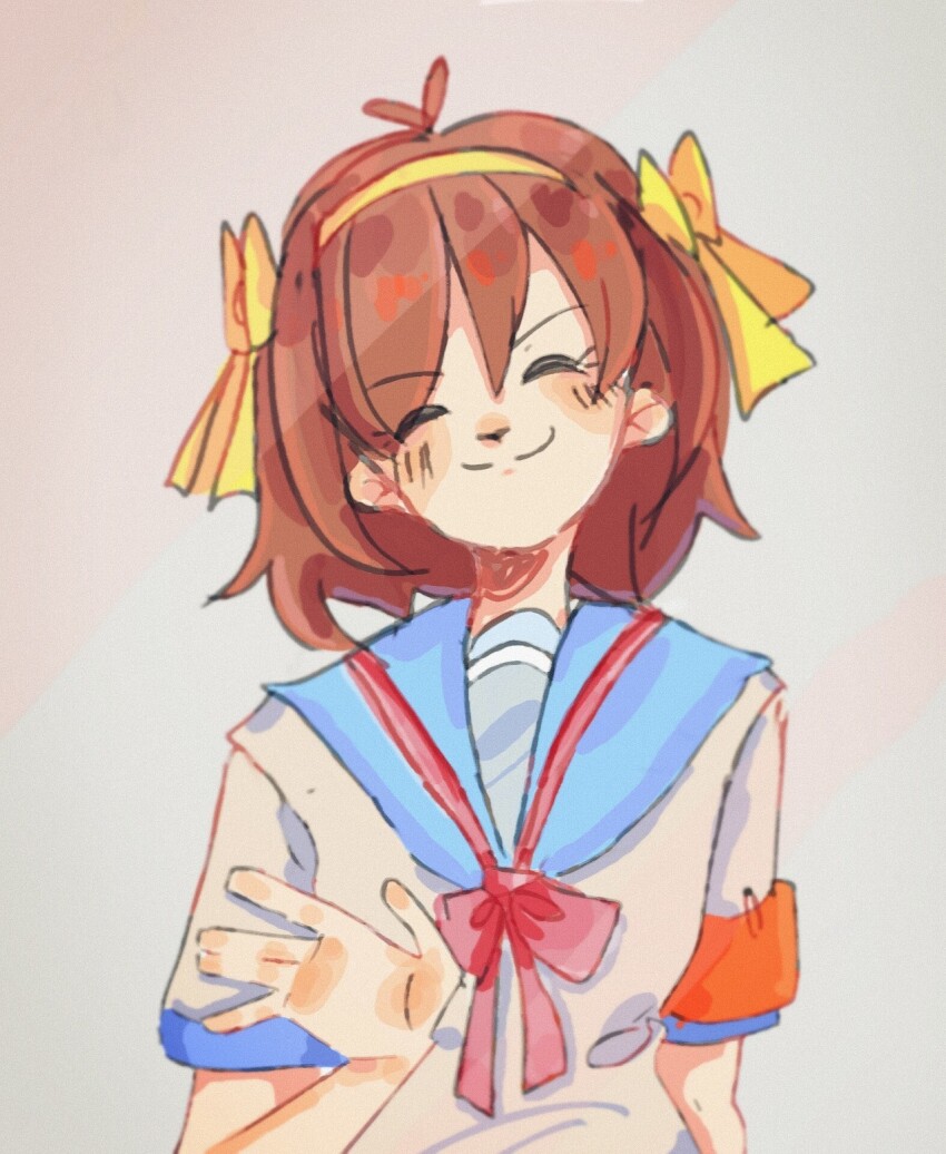 1girl antenna_hair armband blue_sailor_collar brown_hair closed_eyes commentary facing_viewer hair_ribbon highres kita_high_school_uniform neck_ribbon orange_ribbon red_armband red_ribbon ribbon sailor_collar school_uniform sherrylyss shirt short_hair simple_background smile solo suzumiya_haruhi suzumiya_haruhi_no_yuuutsu symbol-only_commentary white_shirt