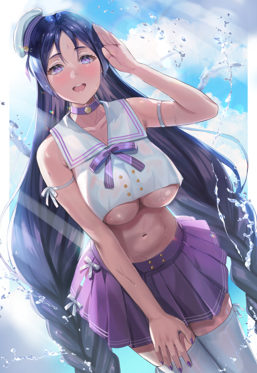 1girl absurdres bare_shoulders blush braid breasts buttons choker collarbone crop_top double-breasted fate/grand_order fate_(series) highres large_breasts long_hair looking_at_viewer minamoto_no_raikou_(fate) navel open_mouth parted_bangs purple_eyes purple_hair purple_skirt sailor_collar sakamuke shirt skirt smile solo thighhighs twin_braids underboob very_long_hair water white_shirt white_thighhighs