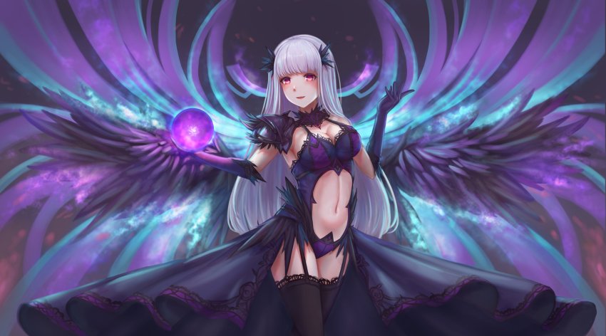 1girl :d aura black_background black_thighhighs black_wings blush breasts chinese_commentary cleavage clothing_cutout commentary_request cowboy_shot detached_collar detached_wings dudunia elbow_gloves energy_ball feathered_wings garter_straps gloves hair_ornament hands_up highres large_breasts leotard long_hair looking_at_viewer navel navel_cutout open_mouth original pink_eyes purple_gloves purple_leotard shoulder_pads showgirl_skirt sidelocks smile solo standing thighhighs waist_cape white_hair wings