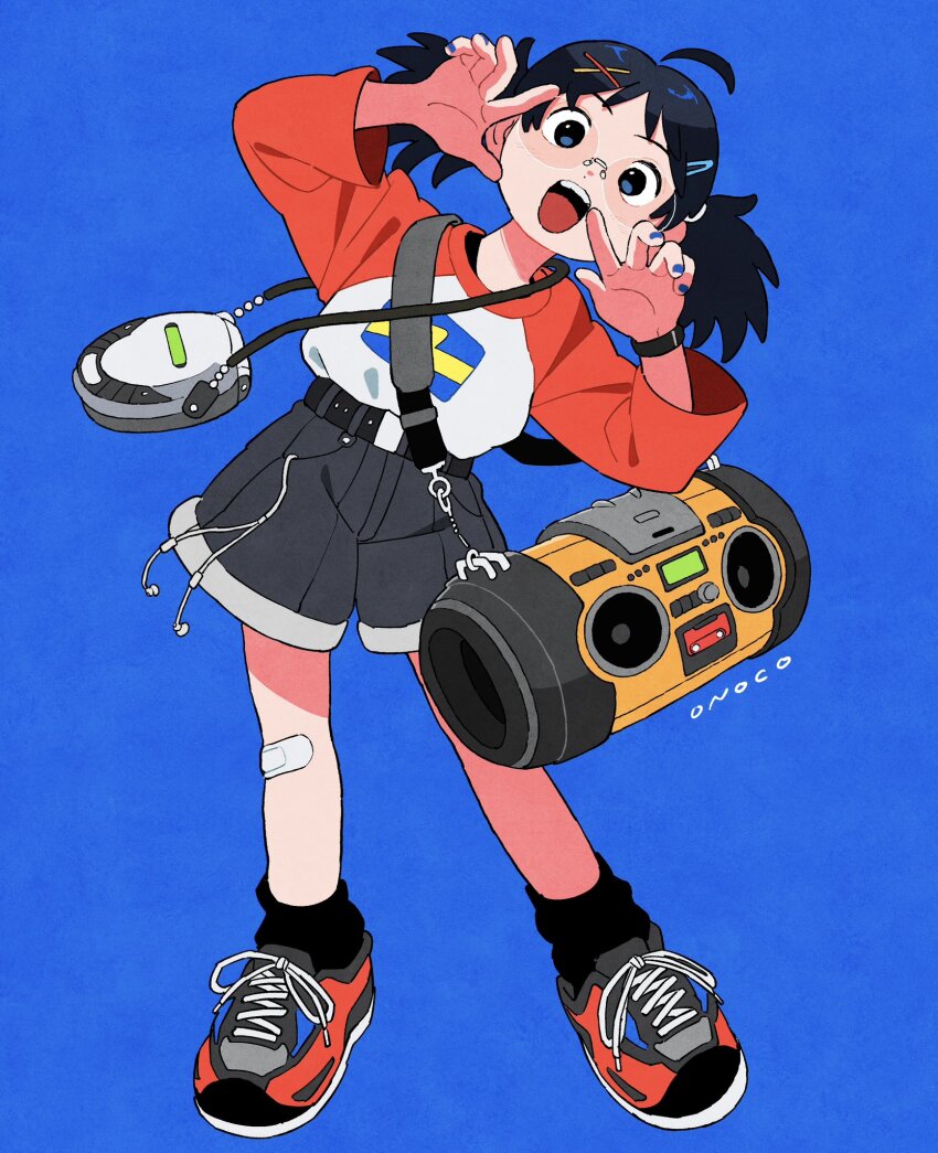 2024 ahoge artist_name bandaid bandaid_on_knee bandaid_on_leg belt black_belt black_hair black_shorts black_socks blue_background blue_eyes blue_nails boombox cd_player cd_walkman commentary_request earbuds earphones full_body glasses hair_ornament hairclip highres leaning_to_the_side long_sleeves onoconokoko0625 open_mouth original shirt_tucked_in shoelaces shoes shorts simple_background sneakers socks standing teeth twintails upper_teeth_only watch wristwatch