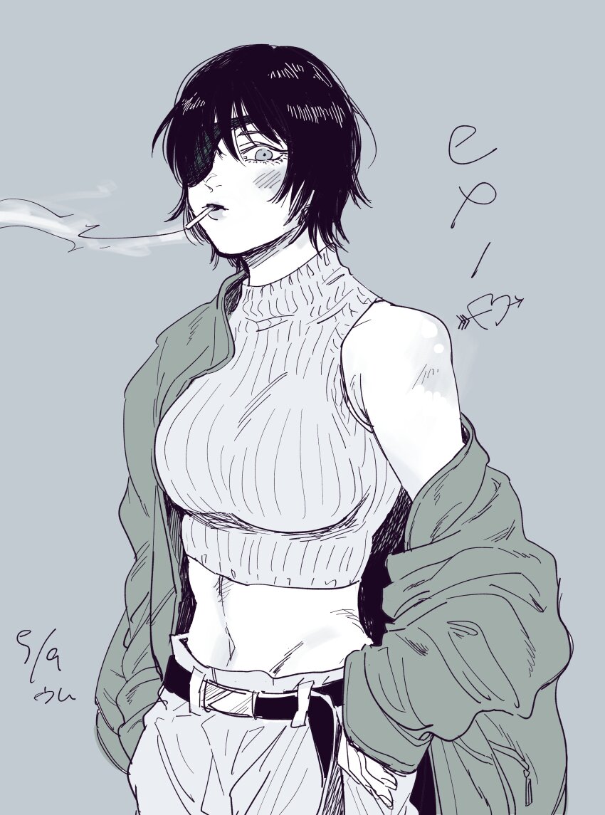 abs absurdres belt blush casual chainsaw_man cigarette eyepatch green_jacket grey_background highres himeno_(chainsaw_man) jacket jacket_on_shoulders looking_at_viewer monochrome navel short_hair sleeveless sleeveless_turtleneck smoke smoke_trail smoking sweater turtleneck turtleneck_sweater umumum_mu