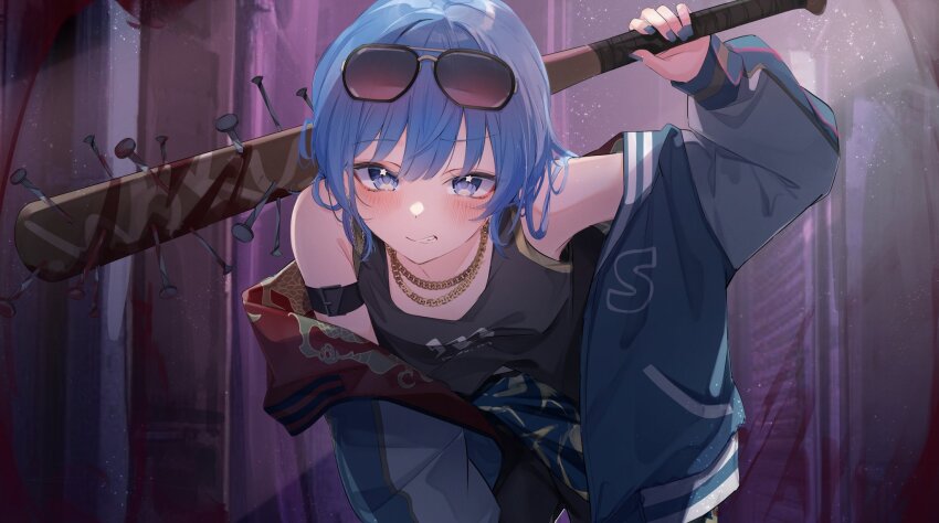 1girl alley arm_belt baseball_bat black_tank_top blood bloody_weapon blue_eyes blue_hair blue_jacket blue_nails chain chain_necklace ear_chain eyewear_on_head gold_chain highres holding holding_weapon hololive hololive_grand_theft_auto hoshimachi_suisei jacket jewelry leaning_forward military_vehicle motoi_(croa76) motor_vehicle nail nail_(hardware) nail_bat nail_polish necklace open_clothes open_jacket solo star-shaped_pupils star_(symbol) sukajan sunglasses symbol-shaped_pupils tank tank_top virtual_youtuber weapon