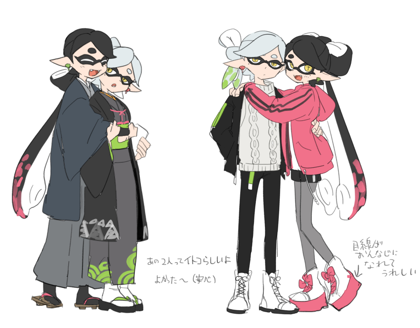 2girls alternate_costume callie_(splatoon) cousins earrings fangs hand_on_another&#039;s_back highres hug hug_from_behind inkling japanese_clothes jewelry kimono looking_at_another looking_at_viewer marie_(splatoon) mole multiple_girls nintendo samochau single_earring splatoon_(series) yuri