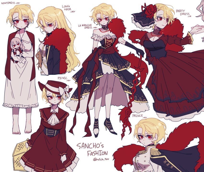 1boy 1girl alternate_costume alternate_hair_length alternate_hairstyle bare_shoulders barefoot black_dress blonde_hair bow breasts character_doll cleavage cleavage_cutout clothing_cutout commentary don_quixote_(project_moon) dress english_commentary english_text epaulettes feather_boa flower full_body grey_hair hair_between_eyes hair_flower hair_ornament hand_on_weapon hat hat_bow hat_ribbon high_heels highres holding_hands la_manchaland&#039;s_don_quixote_(project_moon) limbus_company long_hair long_sleeves multiple_views off-shoulder_dress off_shoulder pleated_dress pmchell_04 project_moon red_eyes ribbon sancho_(project_moon) shirt short_hair showgirl_skirt simple_background spoilers twitter_username white_background white_bow white_dress white_ribbon white_shirt