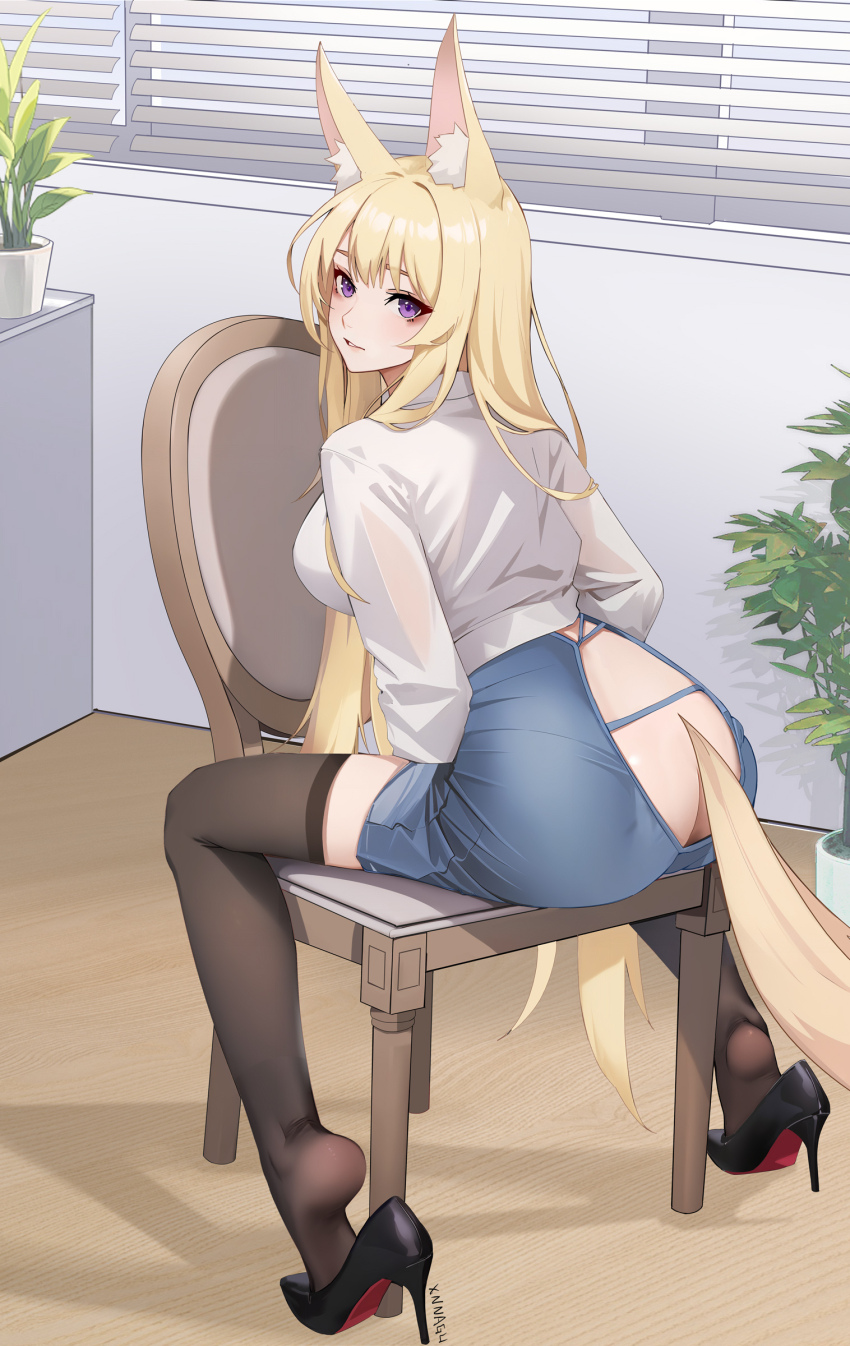 1girl absurdres animal_ear_fluff animal_ears artist_name ass ass_cutout black_footwear black_thighhighs blonde_hair blue_skirt breasts butt_crack chair chinese_commentary clothing_cutout colored_shoe_soles commentary_request feet flower_pot fox_ears fox_girl fox_tail heel_pop high_heels highres indoors large_breasts light_smile long_hair long_sleeves looking_at_viewer no_panties on_chair original parted_lips plant potted_plant pumps purple_eyes shadow shirt sitting sitting_backwards skirt soles solo tail teeth thighhighs turning_head very_long_hair white_shirt window_blinds xnnagu