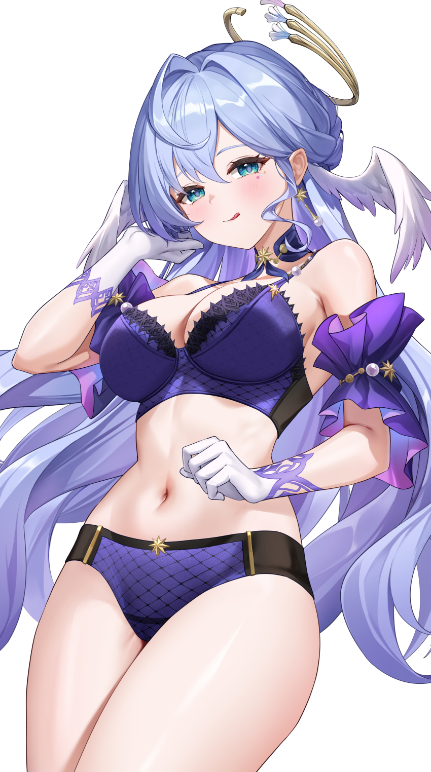 1girl :q absurdres armpit_crease bare_shoulders blue_eyes blue_hair blush bra breasts cleavage closed_mouth collar commentary cowboy_shot face_jewel gloves halo halo_behind_head hand_up head_wings highres honkai:_star_rail honkai_(series) jewel_under_eye large_breasts long_hair lunacle navel paid_reward_available panties purple_bra purple_collar purple_panties purple_sleeves robin_(honkai:_star_rail) short_sleeves simple_background smile solo stomach tongue tongue_out underwear underwear_only very_long_hair white_background white_gloves white_wings wings