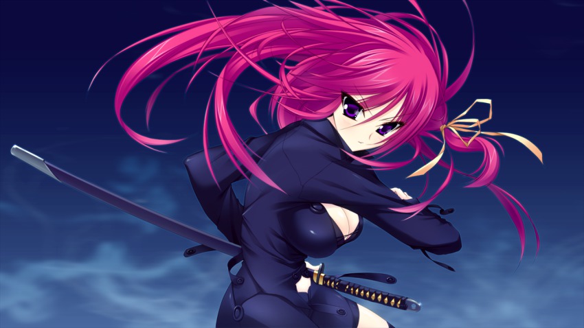 1girl breasts cleavage game_cg katana makise_kotori pink_hair purple_eyes strawberry_feels sword tsurime weapon yoshiwo