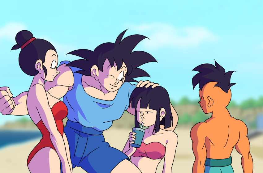 2boys 2girls beach black_eyes black_hair chi-chi_(dragon_ball) couple dragon_ball happy highres husband_and_wife kishinpain multiple_boys multiple_girls muscular muscular_male ocean pan_(dragon_ball) sand sky smile son_goku swimsuit tagme uub water