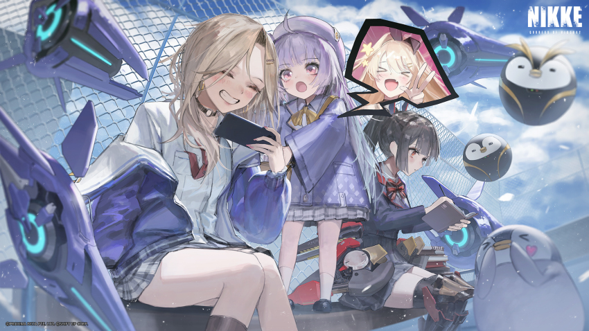 4girls bird blonde_hair brown_hair cellphone chain-link_fence choker ein_(nikke) fence goddess_of_victory:_nikke grin gyaru highres long_hair multiple_girls o-ring o-ring_choker official_art penguin phone ponytail rei_(nikke) rsef rupee_(nikke) school_circle_(nikke) school_uniform sitting smartphone smile teeth zwei_(nikke)