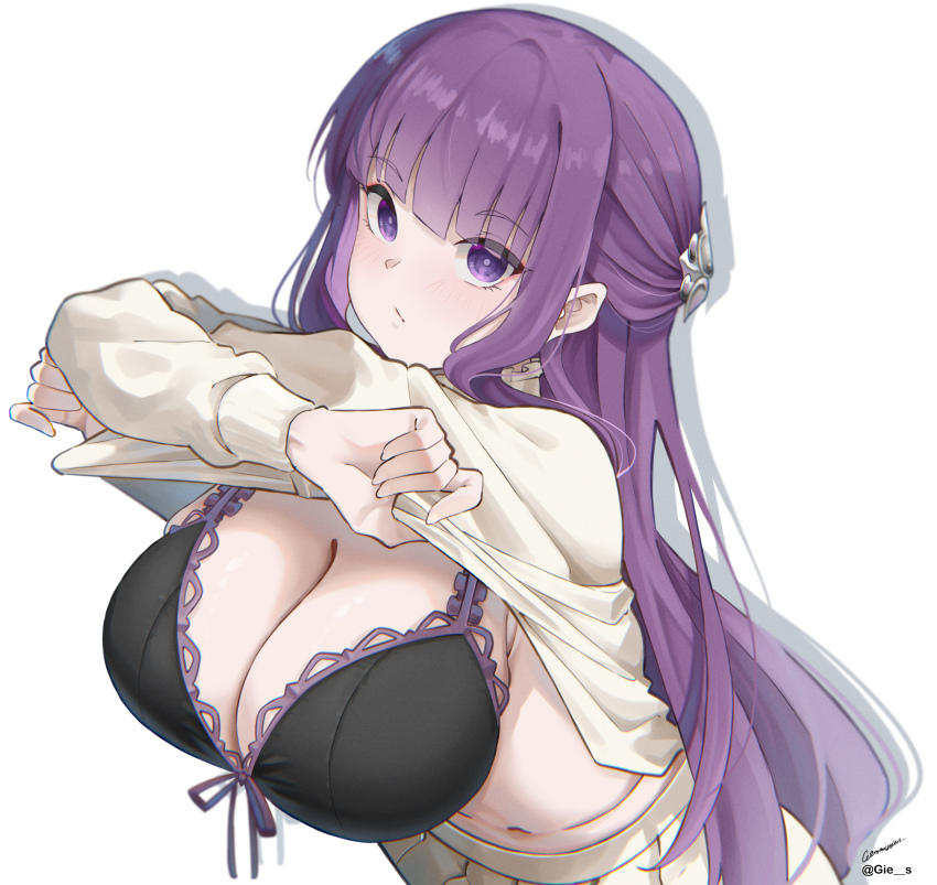 1girl :/ absurdres arms_up black_bra blunt_bangs bra breasts cleavage closed_mouth clothes_lift commission crossed_arms fern_(sousou_no_frieren) gie_(gienara) highres large_breasts lifting_own_clothes looking_at_viewer pleated_skirt purple_eyes purple_hair shirt shirt_lift skirt solo sousou_no_frieren underwear white_shirt