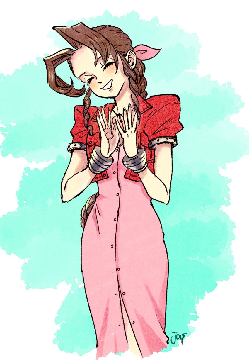 1girl aerith_gainsborough artist_name bangle border bracelet braid braided_ponytail brown_hair center_opening choker closed_eyes cowboy_shot cropped_jacket dress final_fantasy final_fantasy_vii green_background hair_ribbon highres jacket jas_(jasjasjasart) jewelry long_dress long_hair own_hands_together parted_bangs parted_lips pink_dress pink_ribbon puffy_short_sleeves puffy_sleeves red_jacket ribbon ribbon_choker short_sleeves sidelocks single_braid smile solo white_border