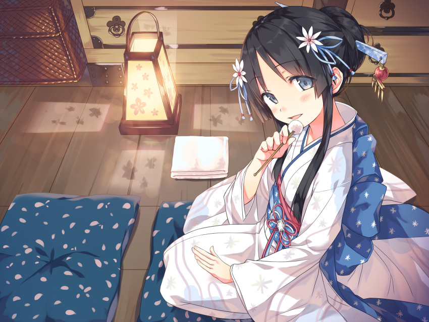 1girl :d ayakashi_kyoushuutan basket blue_eyes blush brown_hair cura cushion drawer flower full_body hair_flower hair_ornament hair_stick head_tilt highres holding indoors japanese_clothes kanzashi kimono lantern lap_pillow_invitation long_sleeves looking_at_viewer mimikaki obi official_art open_mouth pillow sash seiza sidelocks sitting smile solo towel white_kimono wide_sleeves wooden_floor yuki_(ayakashi_kyoushuutan) zabuton