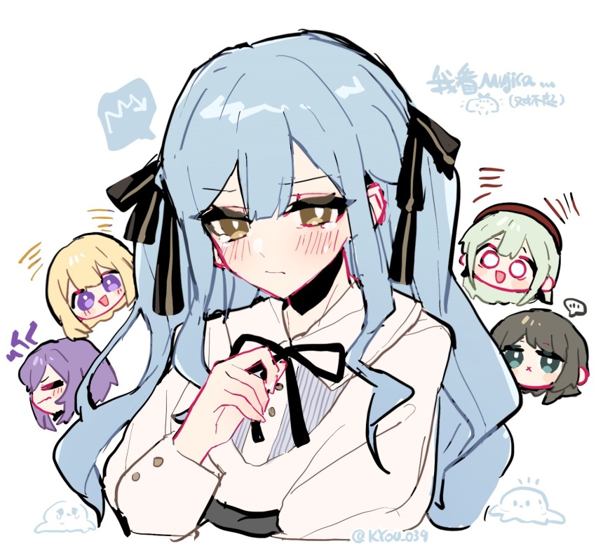 5girls x_mouth ave_mujica_(bang_dream!) bang_dream! bang_dream!_it&#039;s_mygo!!!!! beret black_hair black_ribbon blonde_hair blue_hair blush chinese_commentary closed_mouth commentary_request crying crying_with_eyes_open green_eyes green_hair hair_ribbon hat highres kyou_039 long_hair long_sleeves misumi_uika mortis_(bang_dream!) multiple_girls neck_ribbon purple_eyes purple_hair red_hat ribbon shirt short_hair sidelocks tears togawa_sakiko twitter_username wakaba_mutsumi white_shirt yahata_umiri yellow_eyes yuutenji_nyamu