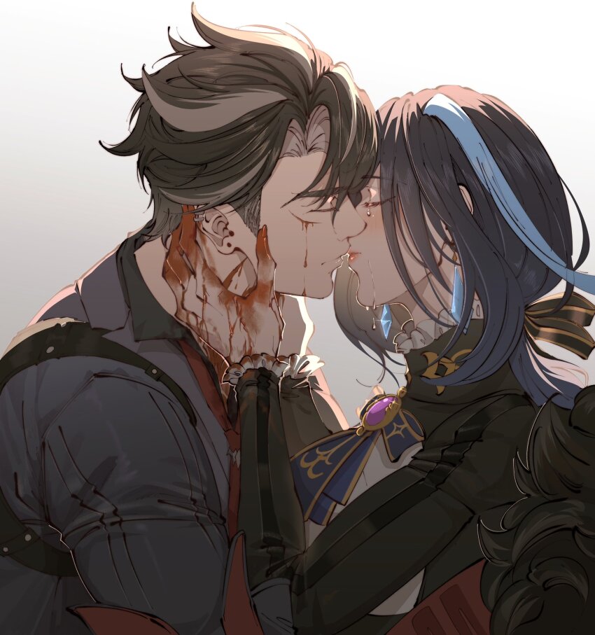 1boy 1girl black_hair blood blood_on_hands blue_hair clorinde_(genshin_impact) closed_eyes couple genshin_impact hand_on_another&#039;s_face hetero highres imminent_kiss multicolored_hair purple_hair rchella short_hair streaked_hair upper_body white_hair wriothesley_(genshin_impact)