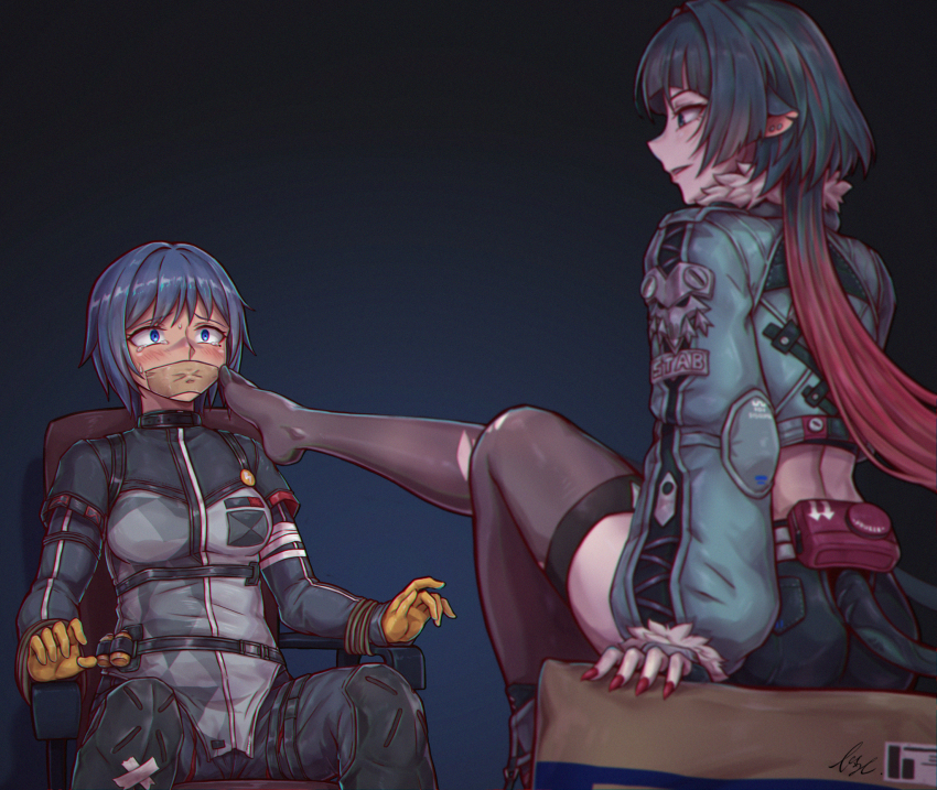 2girls black_hair blue_eyes blue_hair bound bound_arms breasts gag gagged highres improvised_gag jane_doe_(zenless_zone_zero) lzc medium_breasts medium_hair multiple_girls on_chair restrained tail tape tape_gag yuri zenless_zone_zero