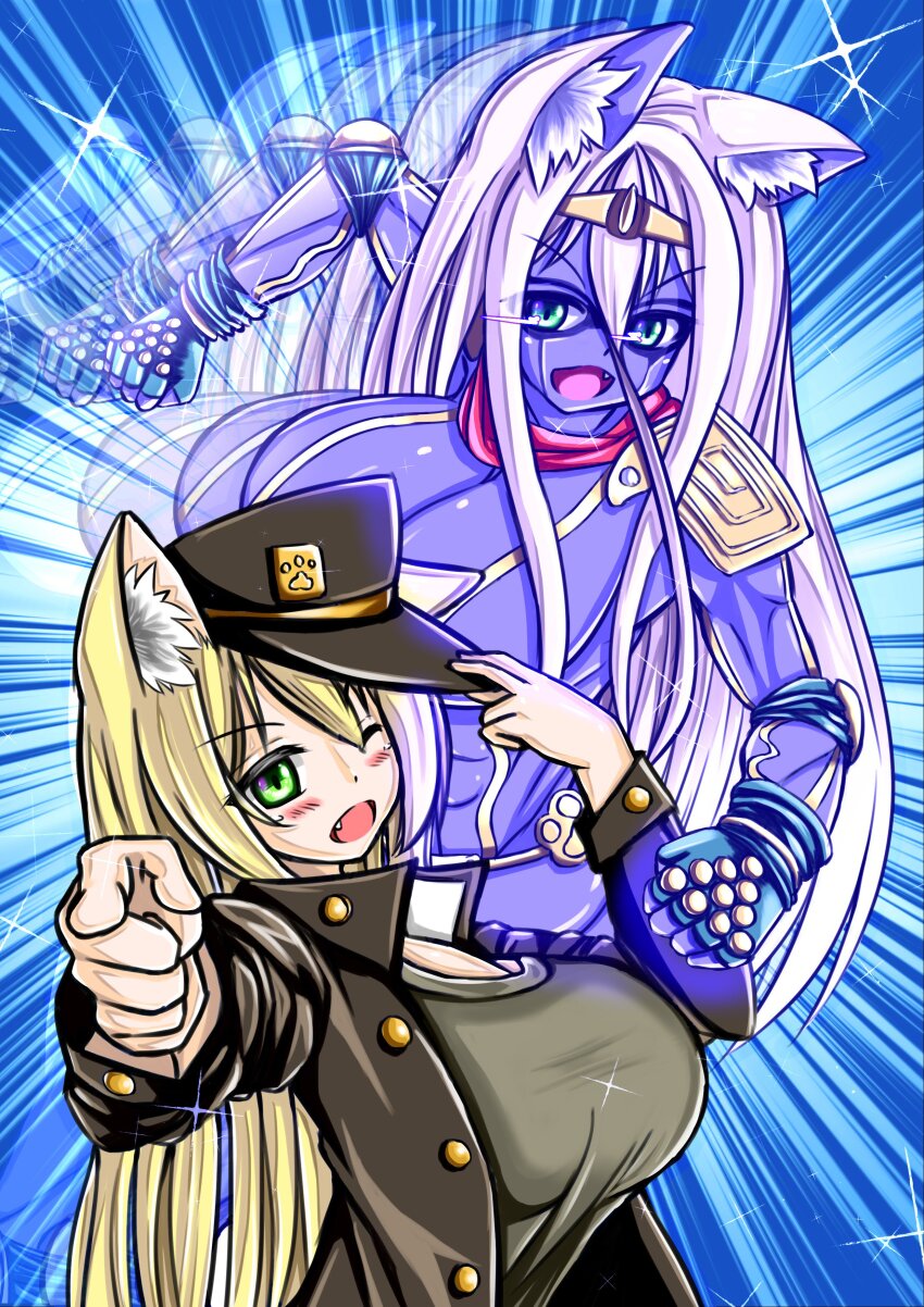 2girls adjusting_clothes adjusting_headwear afterimage animal_ears black_hat black_jacket blonde_hair breasts cat_ears cat_girl colored_skin fingerless_gloves gloves green_eyes grey_shirt hair_between_eyes hat jacket jojo_pose kaedeno_yuu kujo_jotaro&#039;s_pose_(jojo) kujo_jotaro_(cosplay) kuujou_joutarou large_breasts long_hair motion_lines multiple_girls one_eye_closed open_clothes open_jacket original pointing purple_skin reimu_nekomusu_(kaedeno_yuu) shirt sparkle stand_(jojo) star_(sky) star_platinum star_platinum_(cosplay) starry_sky_background wink