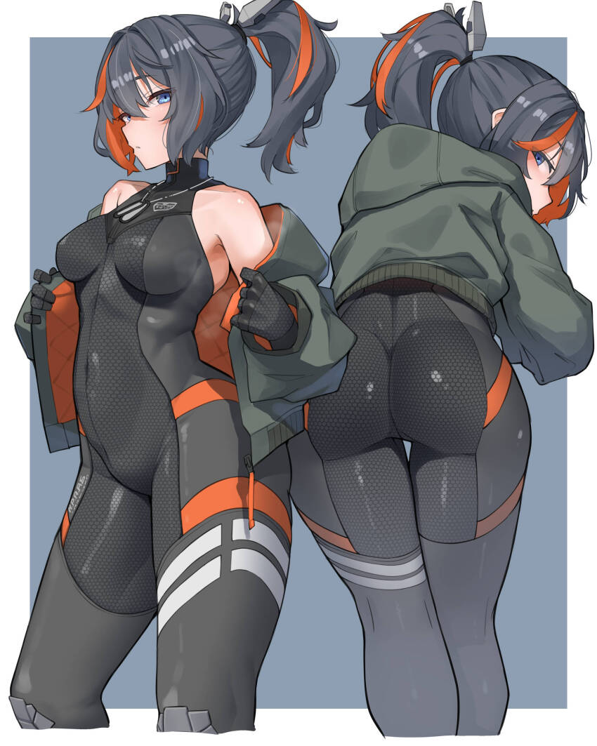 1girl absurdres ass black_hair blue_eyes bodysuit breasts commission dog_tags from_behind grey_bodysuit grey_hoodie hair_ornament highres hood hood_down hoodie looking_back multicolored_hair open_clothes open_hoodie orange_hair orange_hoodie original ponytail ringobatake skeb_commission sleeveless sleeveless_bodysuit sleeveless_turtleneck_bodysuit streaked_hair two-sided_fabric zipper_pull_tab