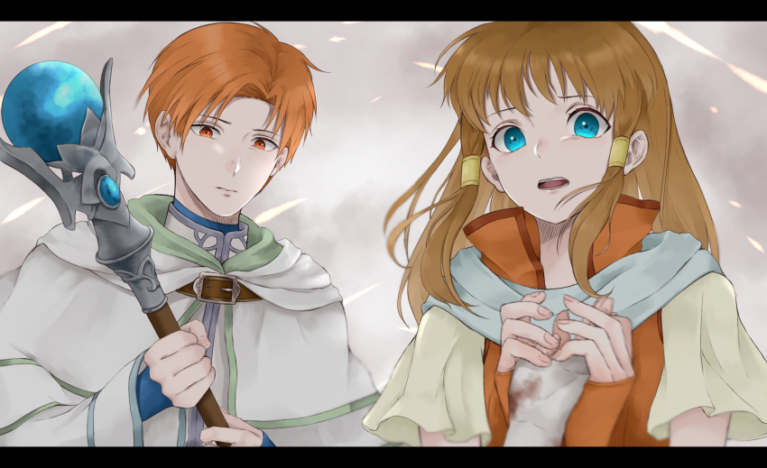 1boy 1girl aplche blue_eyes brown_hair capelet commentary_request fire_emblem fire_emblem:_radiant_dawn hair_tubes hand_grab highres holding holding_staff hood hood_down hooded_capelet long_hair mist_(fire_emblem) nintendo orange_eyes orange_hair rhys_(fire_emblem) robe short_hair staff upper_body white_robe