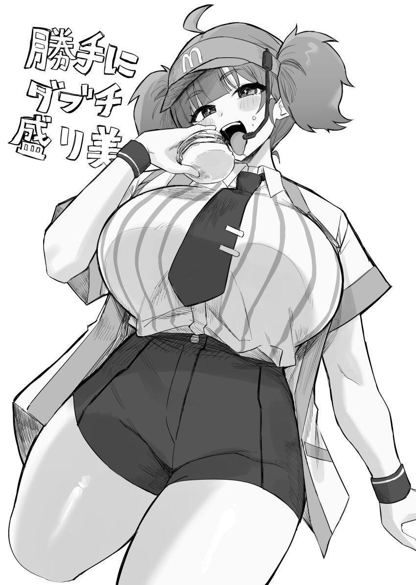 1girl absurdres alternate_breast_size blunt_bangs breasts burger double_cheese_(mcdonald&#039;s) food highres holding holding_burger holding_food hotate-chan huge_breasts looking_at_viewer mcdonald&#039;s monochrome necktie open_mouth shirt short_hair shorts simple_background solo teeth thighs translation_request twintails upper_teeth_only visor_cap white_background