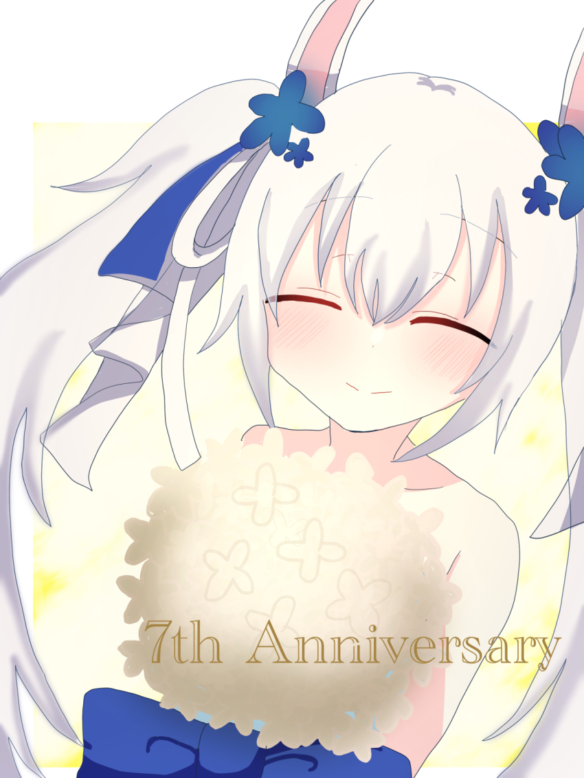 1girl ^_^ animal_ears anniversary azur_lane bare_shoulders blue_bow blue_flower blue_ribbon blue_rose blush bouquet bow closed_eyes closed_mouth collarbone dress facing_viewer flower hair_between_eyes hair_ornament hair_ribbon highres laffey_(azur_lane) laffey_ii_(azur_lane) long_hair rabbit_ears ribbon rose smile solo strapless strapless_dress togawa_(usausagawa) twintails upper_body white_hair