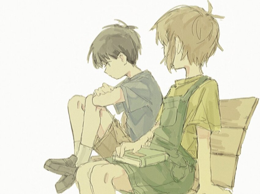 2boys basil_(faraway)_(omori) basil_(omori) bench black_eyes black_footwear black_hair blonde_hair book closed_mouth crossed_arms green_overalls grey_shirt knees_up looking_at_another male_focus multiple_boys omori overalls sawaki_(2d1ty) shirt short_hair short_sleeves sitting socks sunny_(omori) t-shirt white_background white_socks yellow_shirt