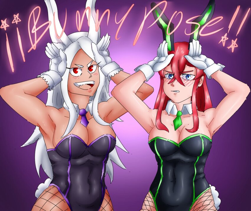 2girls animal_costume black_clover blush boku_no_hero_academia breasts dark_skin elverguillash24 embarrassed large_breasts long_hair mirko multiple_girls princia_funnybunny rabbit_costume red_hair smile white_hair