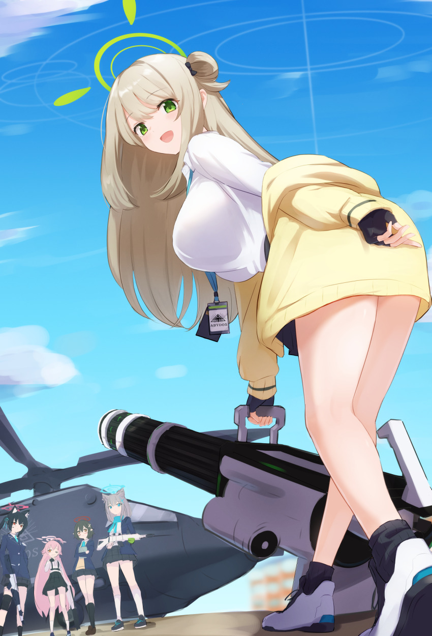 5girls :d afrody aircraft animal_ears ayane_(blue_archive) black_gloves black_hair black_socks blonde_hair blue_archive blue_sky breasts cloud commentary_request fingerless_gloves gatling_gun gloves green_eyes green_halo grey_hair gun halo helicopter highres holding holding_gun holding_weapon hoshino_(blue_archive) id_card jacket large_breasts leaning_forward long_hair long_sleeves looking_at_viewer looking_down multiple_girls nonomi_(blue_archive) off_shoulder open_mouth pink_hair serika_(blue_archive) shiroko_(blue_archive) shirt sky smile socks standing weapon white_footwear white_shirt yellow_jacket