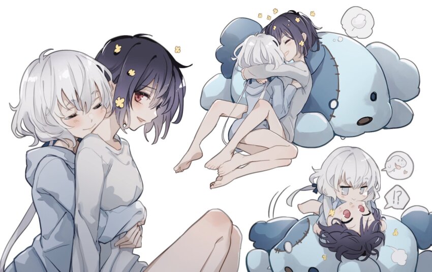 !? 2girls arms_around_neck bare_legs barefoot black_hair blue_eyes blue_hoodie closed_eyes closed_mouth commentary cuddling grey_shirt hashtag-only_commentary hood hoodie hug konno_junko kuma_(bloodycolor) long_hair long_sleeves mizuno_ai multiple_girls parted_lips red_eyes shirt short_hair simple_background smile speech_bubble spoken_animal spoken_interrobang stuffed_toy thought_bubble toes white_background white_hair yuri zombie_land_saga