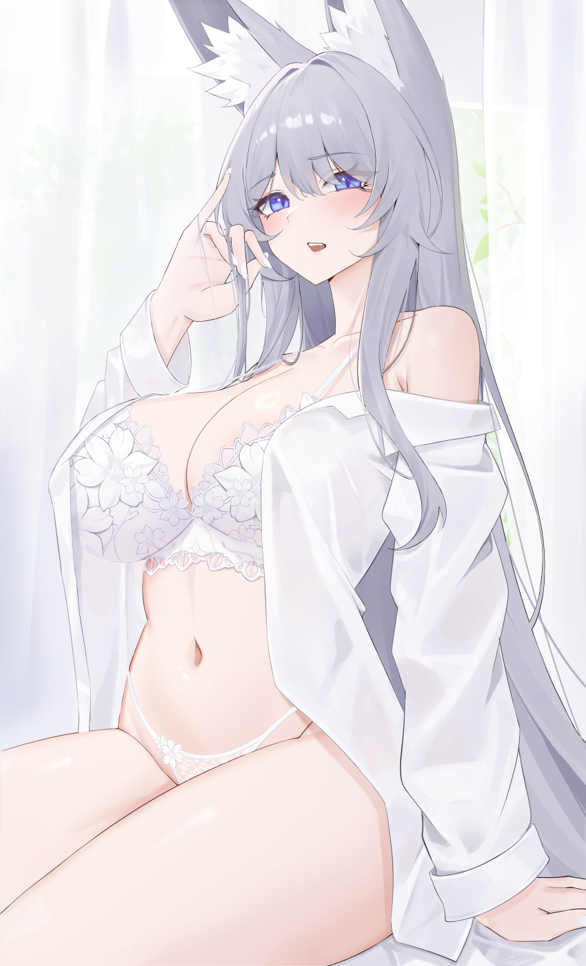 1girl absurdres animal_ear_fluff animal_ears arm_support bare_shoulders blue_eyes blush bra breasts cleavage collarbone commentary first_one14 fox_ears fox_girl grey_hair hand_in_own_hair hand_up highleg highres huge_breasts lingerie long_hair long_sleeves looking_at_viewer navel off_shoulder open_clothes open_mouth open_shirt original panties playing_with_own_hair shirt sidelocks sitting solo stomach teeth thighs underwear upper_teeth_only very_long_hair white_bra white_panties white_shirt