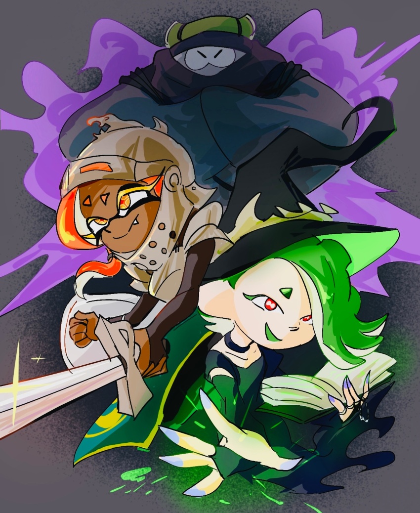 1boy 2girls big_man_(splatoon) book bridal_gauntlets choker dark-skinned_female dark_skin frye_(splatoon) grey_background halloween halloween_costume hang_cha_hang hat helmet highres holding holding_sword holding_weapon inkling knight manta_ray multiple_girls ninja nintendo octoling official_alternate_costume open_mouth orange_hair outstretched_hand red_eyes shield shiver_(splatoon) smile splatoon_(series) splatoon_3 sword tentacle_hair upper_body weapon witch_hat yellow_eyes