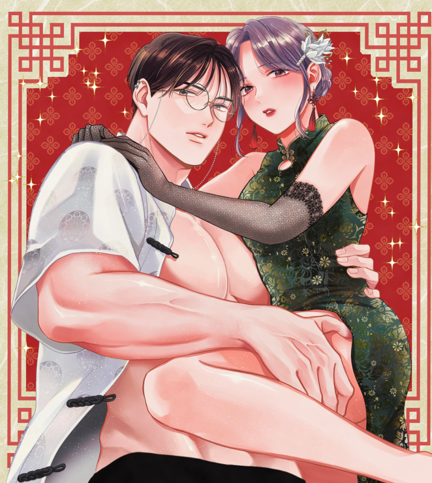 1boy 1girl abs black_hair brown_hair china_dress chinese_clothes dress earclip elbow_gloves flower foot_out_of_frame glasses gloves grey_eyes hair_flower hair_ornament hand_on_another&#039;s_leg hetero highres kin_koi lace lace_gloves large_pectorals lipstick makeup muscular muscular_male open_clothes open_shirt pectorals red_background sujikoi suzuhara_hiiro ueno_haruki