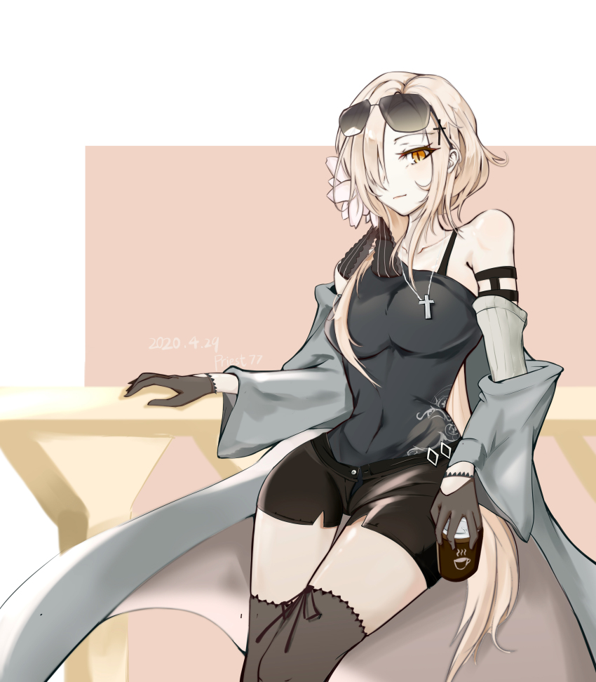 1girl absurdres artist_name aug_(girls&#039;_frontline) black_gloves black_shirt black_shorts black_thighhighs blonde_hair breasts closed_mouth collarbone cross cross_hair_ornament cross_necklace cup dated disposable_coffee_cup disposable_cup eyewear_on_head flower girls&#039;_frontline gloves hair_between_eyes hair_flower hair_ornament hair_ribbon highres holding holding_cup jewelry long_hair looking_at_viewer medium_breasts necklace one_eye_covered priest77 ribbon shirt shorts simple_background solo thighhighs yellow_eyes