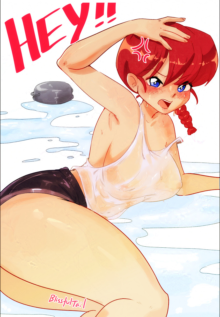 absurdres anger_vein blissfultail blue_eyes blush braid breasts english_text genderswap genderswap_(mtf) highres nipples no_bra open_mouth ranma-chan ranma_1/2 red_hair saotome_ranma see-through_clothes shiny_skin shorts single_braid solo thighs wet wet_clothes