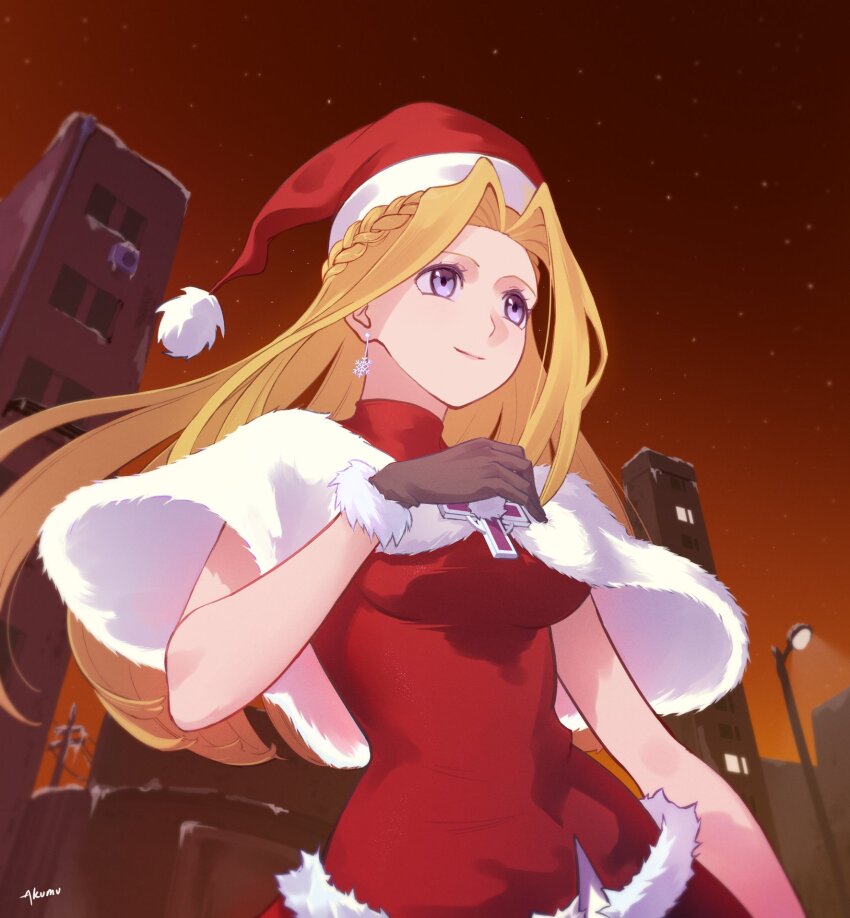 1girl akumu_aya blonde_hair blue_eyes braid breasts brown_gloves building capelet christmas closed_mouth commentary curtained_hair dress earrings english_commentary fur-trimmed_capelet fur-trimmed_gloves fur-trimmed_headwear fur_trim gloves hat highres jewelry large_breasts long_hair mint_adenade night night_sky outdoors parted_bangs pom_pom_(clothes) red_dress red_hat santa_dress santa_hat sky smile snowflake_earrings solo star_(sky) starry_sky tales_of_(series) tales_of_phantasia upper_body