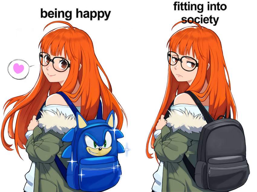 1girl ahoge backpack bag black-framed_eyewear black_bag blue_bag brown_eyes closed_mouth disappointed english_text fur-trimmed_jacket fur_trim glasses green_jacket heart highres jacket long_hair looking_back multiple_views neggoartz off_shoulder orange_hair persona persona_5 sakura_futaba simple_background smile sonic_the_hedgehog sparkle spoken_heart white_background