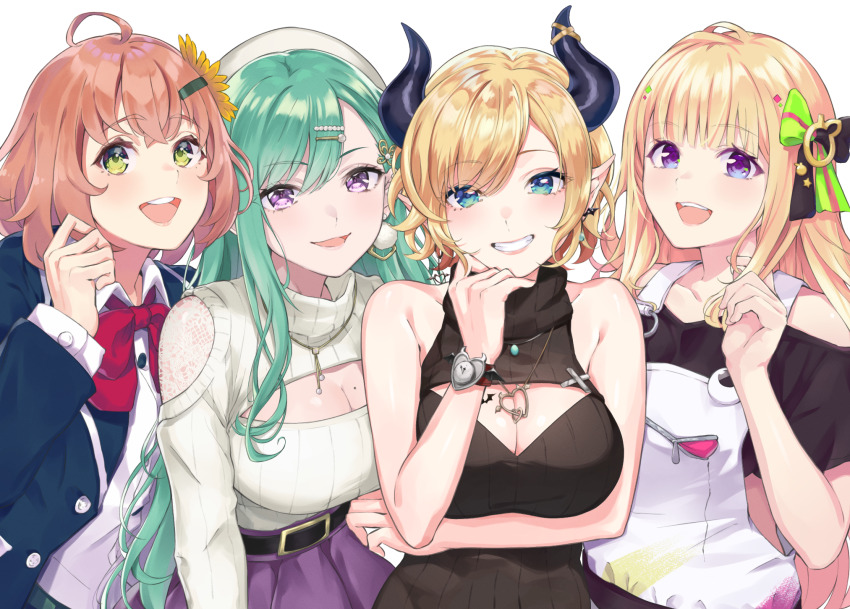 4girls ahoge aki_rosenthal aki_rosenthal_(gaming_casual) bare_shoulders bat_earrings bat_tattoo belt black_belt black_jacket black_shirt black_sweater blazer blonde_hair bow bowtie breasts cleavage_cutout clothing_cutout collared_shirt crossover demon_girl demon_horns dress dress_shirt earrings flower green_eyes green_hair green_skirt grin hair_behind_ear hair_bow hair_flower hair_ornament hairclip heart heart_necklace highres hololive honma_himawari honma_himawari_(1st_costume) horn_ornament horns jacket jewelry lace-trimmed_sweater large_breasts long_hair long_sleeves looking_at_viewer meme_attire mole mole_on_breast multiple_girls necklace nijisanji off-shoulder_shirt off_shoulder official_alternate_costume official_alternate_hairstyle open-chest_sweater open_mouth overalls pointy_ears pom_pom_(clothes) pom_pom_earrings purple_eyes purple_skirt red_bow red_bowtie rena_sakuma ribbed_sweater school_uniform shirt short_hair shoulder_cutout single_earring skirt sleeveless sleeveless_sweater smile sunflower sunflower_hair_ornament sweater sweater_dress swept_bangs tattoo turtleneck turtleneck_sweater very_long_hair virtual_youtuber vspo! white_overalls white_shirt white_sweater yakumo_beni yakumo_beni_(3rd_costume) yuzuki_choco yuzuki_choco_(streetwear)