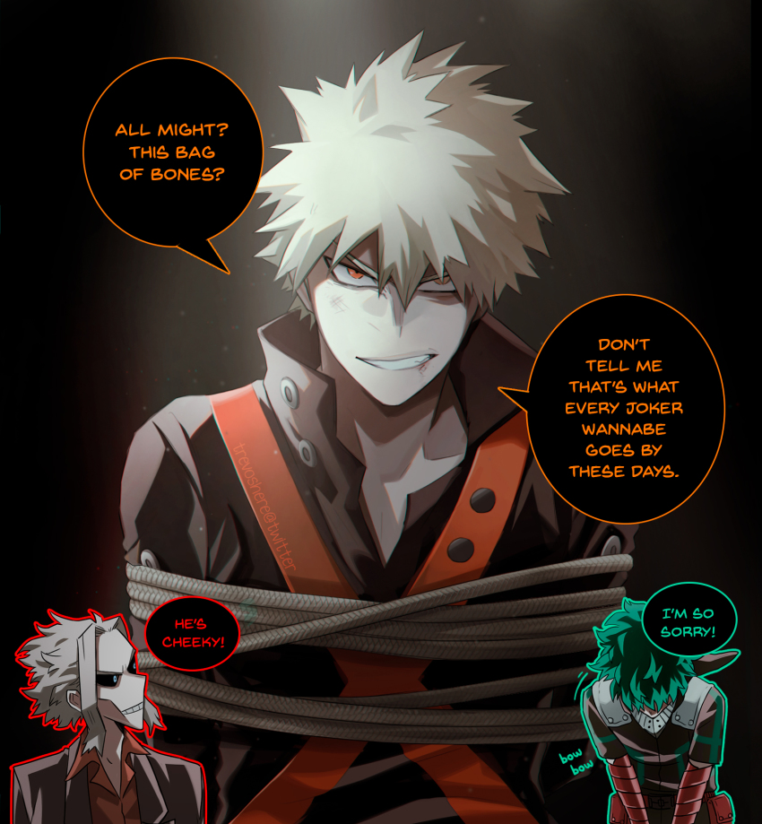 3boys bakugou_katsuki black_background black_hair black_jacket black_sclera black_shirt blonde_hair blue_eyes boku_no_hero_academia bound bowing brown_background colored_sclera commentary english_commentary english_text gloves green_hair grey_hair grin hair_between_eyes highres jacket midoriya_izuku multiple_boys orange_eyes parted_bangs pouch red_gloves red_shirt rope shirt short_hair sitting smile speech_bubble teeth tied_up_(nonsexual) trevo_(trevoshere) upper_body yagi_toshinori