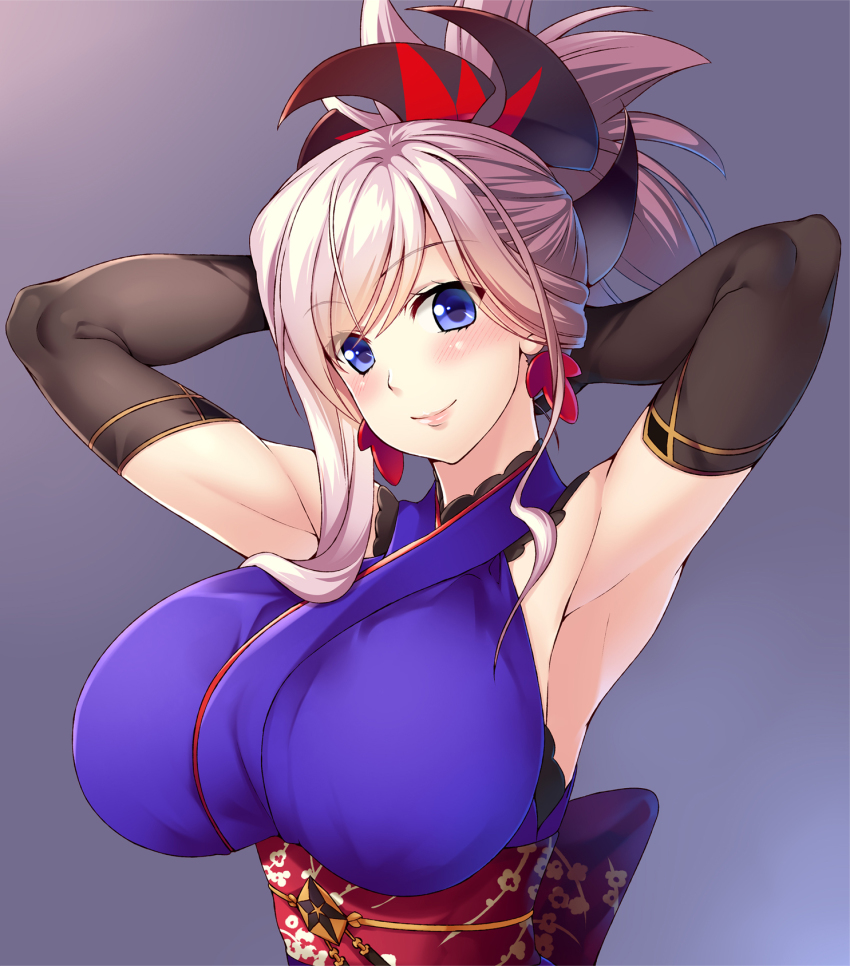 1girl 846-gou armpits arms_behind_head blue_eyes blue_kimono blush breasts detached_sleeves fate/grand_order fate_(series) hair_ornament highres japanese_clothes kimono large_breasts lips long_hair looking_at_viewer miyamoto_musashi_(fate) miyamoto_musashi_(first_ascension)_(fate) obi pink_hair ponytail sash sleeveless sleeveless_kimono smile solo swept_bangs