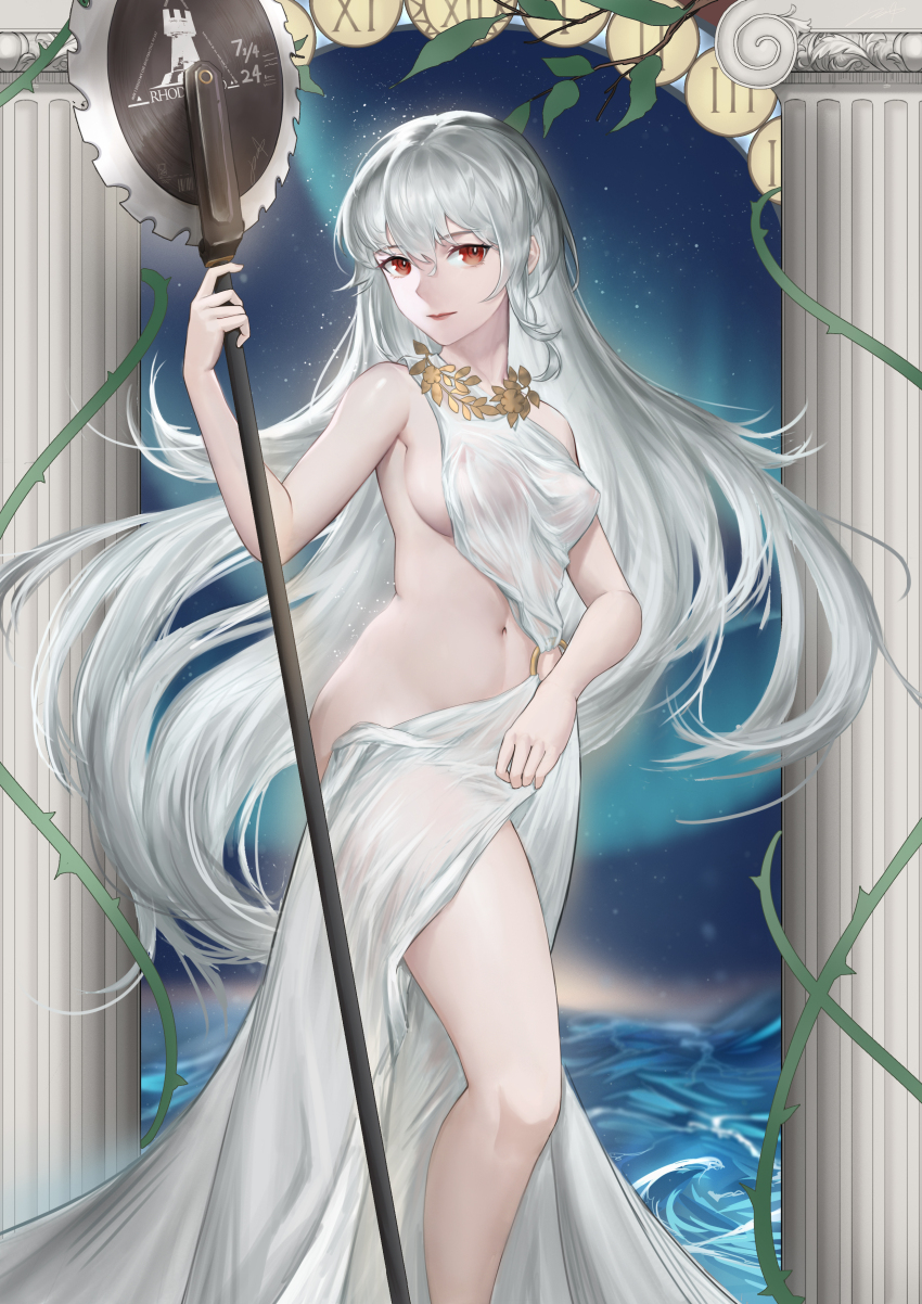 1girl absurdres arknights aurora bare_shoulders breasts chinese_commentary circular_saw clothing_request commentary_request covered_erect_nipples dress feet_out_of_frame grey_hair highres holding holding_weapon laurels long_hair looking_at_viewer navel night night_sky o-ring_dress pillar red_eyes roman_numeral saw see-through_clothes sideboob sky solo specter_(arknights) translucent very_long_hair weapon white_dress wreath yiyanbanshengchou