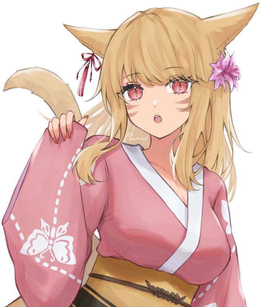 1girl absurdres animal_ears animal_print artist_name blonde_hair butterfly_print cat_ears cat_girl cat_tail earrings facial_mark final_fantasy final_fantasy_xiv flower hair_flower hair_ornament highres holding_sleeve japanese_clothes jewelry kimono miqo&#039;te obi open_mouth pink_kimono red_eyes ribbon_earrings sana_(sanamaru_0w0) sash solo tail warrior_of_light_(ff14) whisker_markings yukata