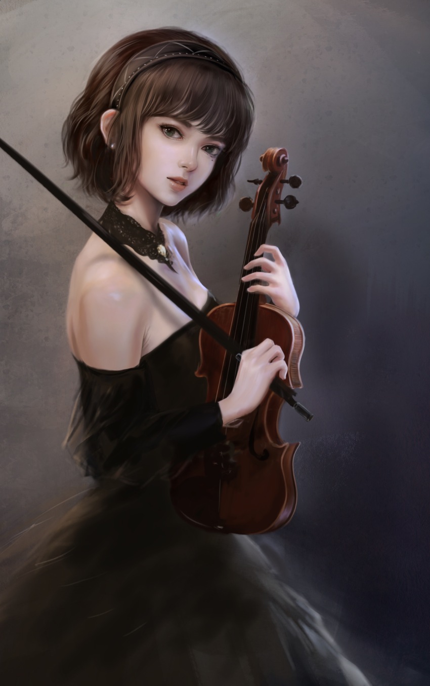 1girl absurdres bare_shoulders black_dress black_hairband bow_(music) brown_hair commentary detached_collar dress earrings english_commentary from_side hairband highres holding holding_bow_(music) holding_instrument holding_violin instrument jewelry knandraw looking_at_viewer mole mole_under_eye original parted_lips pearl_earrings short_hair solo violin