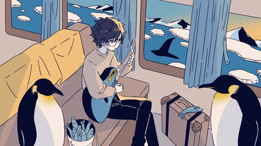 1boy absurdres acoustic_guitar animal antarctica beak bird black_hair black_pants bucket commission curtains fish glasses guitar highres ice instrument long_sleeves male_focus mitsuki_sanagi music ocean original pants penguin playing_guitar playing_instrument ship_interior short_hair sitting skeb_commission suitcase window