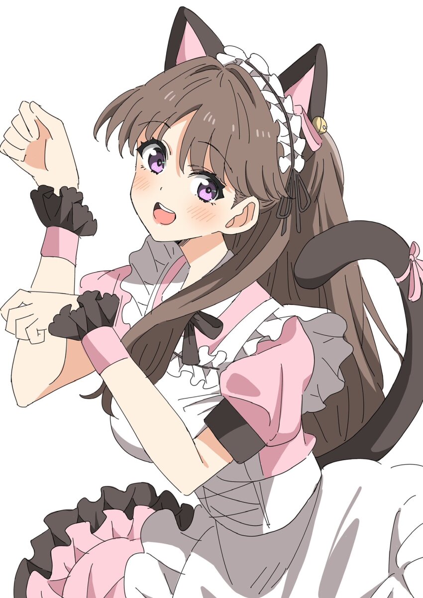 1girl :d animal_ear_hairband animal_ears apron bien_(djpwjd1) black_ribbon blush breasts brown_hair cat_ear_hairband cat_ears cat_tail dress fake_animal_ears fake_tail frilled_apron frilled_dress frilled_wrist_cuffs frills fujishima_megumi fujishima_megumi_(m&#039;s_one_day) hair_intakes hairband highres link!_like!_love_live! long_hair looking_at_viewer love_live! maid maid_apron maid_headdress medium_breasts medium_dress neck_ribbon official_alternate_costume open_mouth paw_pose pink_dress pink_wrist_cuffs puffy_short_sleeves puffy_sleeves purple_eyes ribbon short_sleeves simple_background smile solo tail teeth two_side_up upper_teeth_only virtual_youtuber white_apron white_background wrist_cuffs