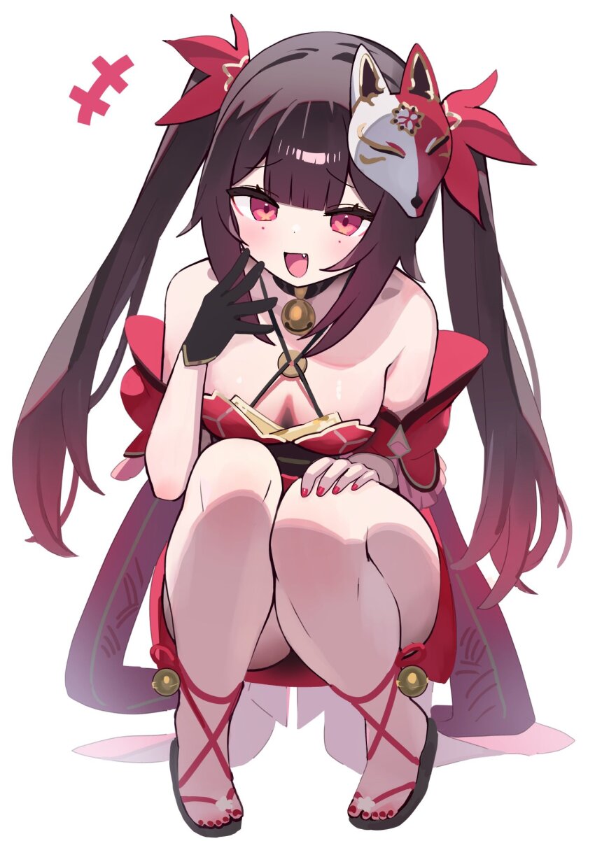 1girl :d bare_shoulders black_choker black_gloves black_hair breasts choker cleavage dress facial_mark fang gloves hand_up highres honkai:_star_rail honkai_(series) long_hair looking_at_viewer mark_under_both_eyes nail_polish open_mouth pink_eyes red_dress red_nails sandals short_sleeves sidelocks smile solo sparkle_(honkai:_star_rail) squatting toenails twintails very_long_hair zenshin