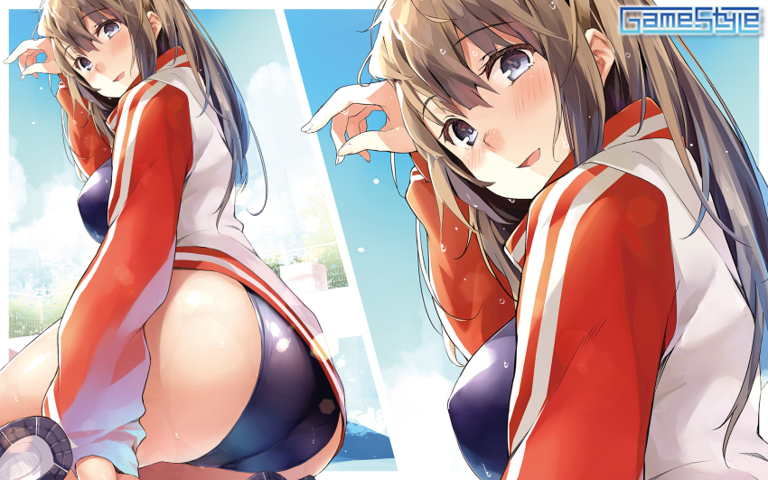 1girl artist_name ass blue_eyes blush breasts brown_hair copyright_name day game-style highres hose jacket kekemotsu long_hair looking_at_viewer medium_breasts multiple_views one-piece_swimsuit open_clothes open_jacket open_mouth original pool pool_ladder school_swimsuit shoes sitting sky smile swimsuit yokozuwari