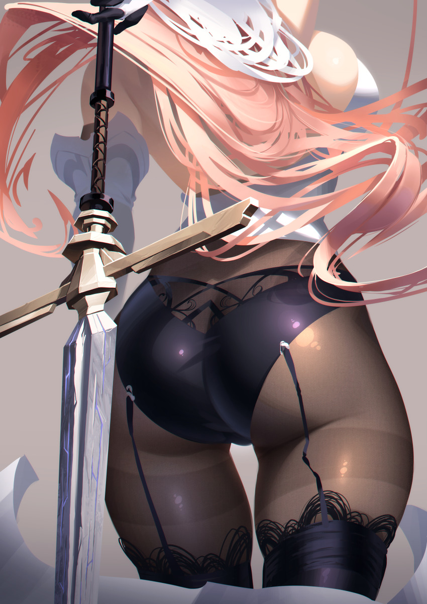 1girl absurdres arm_up ass black_panties bodice breasts brown_pantyhose commentary garter_straps gauntlets greatsword groin highres long_hair medium_breasts original panties pantyhose pink_hair ribbon shirt solo sword thick_thighs thighhighs thighs underwear veil weapon white_ribbon white_shirt white_veil zaekyn